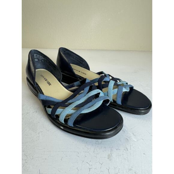Jasmin New York‎ Women  7 Navy Leather Flats Sandals Criss Cross Strap Comfort - Picture 1 of 7